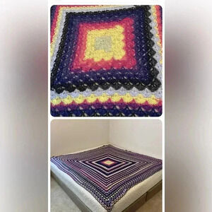 Afghan Blanket Topper Hand Crafted Large Square 69”x 69” Multicolor Fan stitch